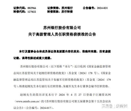苏州银行副行长等任职资格获批!-苏州银行高管人员名单